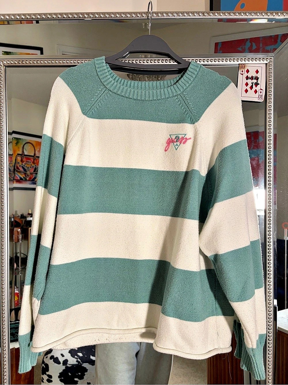 GUESS Originals Striped Crewneck Sweater Green & Cream XS